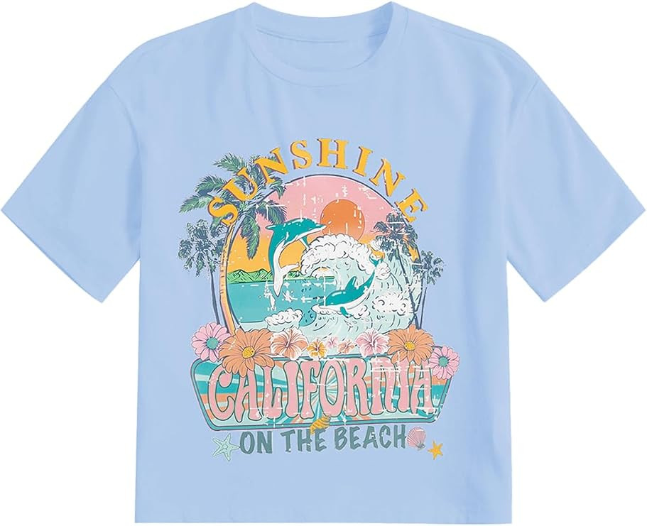 RoseSeek Girl's Graphic Print Tee Shirt Round Neck Short Sleeve T Shirts Summer Cute Trendy Tops | Amazon (US)