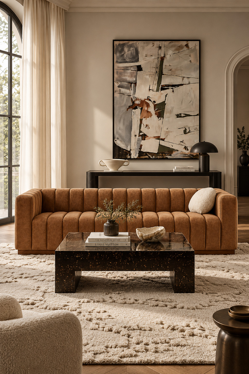 This caramel channel sofa might be one of my favorite fall living room looks. The warm cognac tone is so cozy with cream rugs, dark stone, oversized artwork, and natural wood. It has that rich designer look without needing a ton of decor.
#CaramelSofa #ChannelTuftedSofa #CB2 #FallLivingRoomInspo #WarmHomeDecor #ModernLivingRoom #LuxuryInterior #FallHomeStyle #CozyDecor #SofaInspiration 

 #LTKSeasonal #LTKHome #LTKSaleAlert