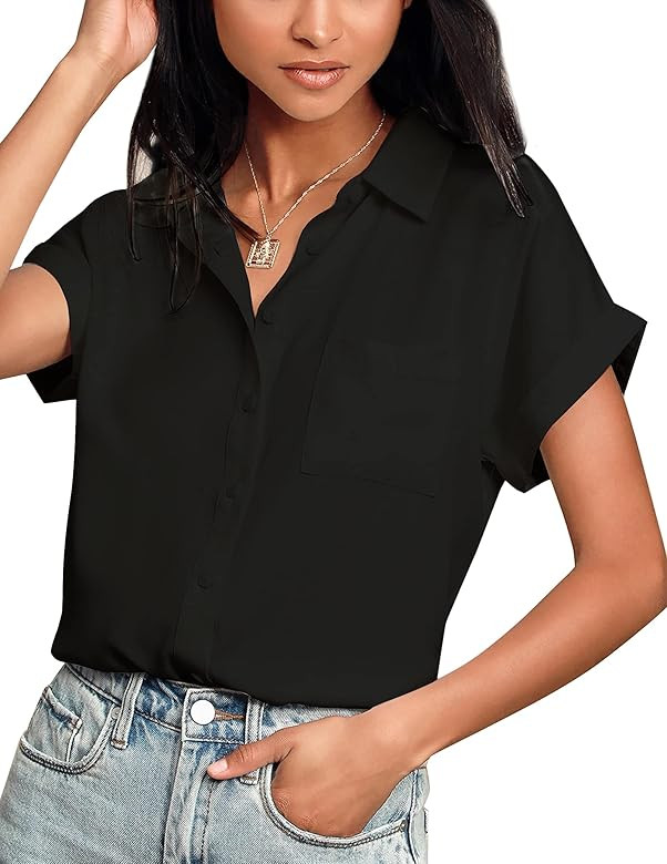 Hotouch Women Shirts Short Sleeve Button Down Up V-Neck Casual Loose Shirts Blouse | Amazon (US)