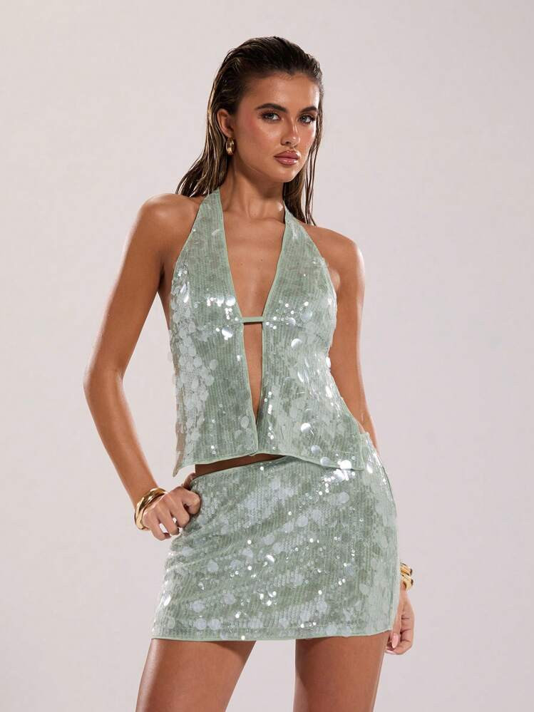 SHEIN BAE Women's Summer Sexy Gorgeous Mint Green Sequins Boho Beach Vacation Concert Halter Neck Summer Top, Club Women Sexy Top | SHEIN