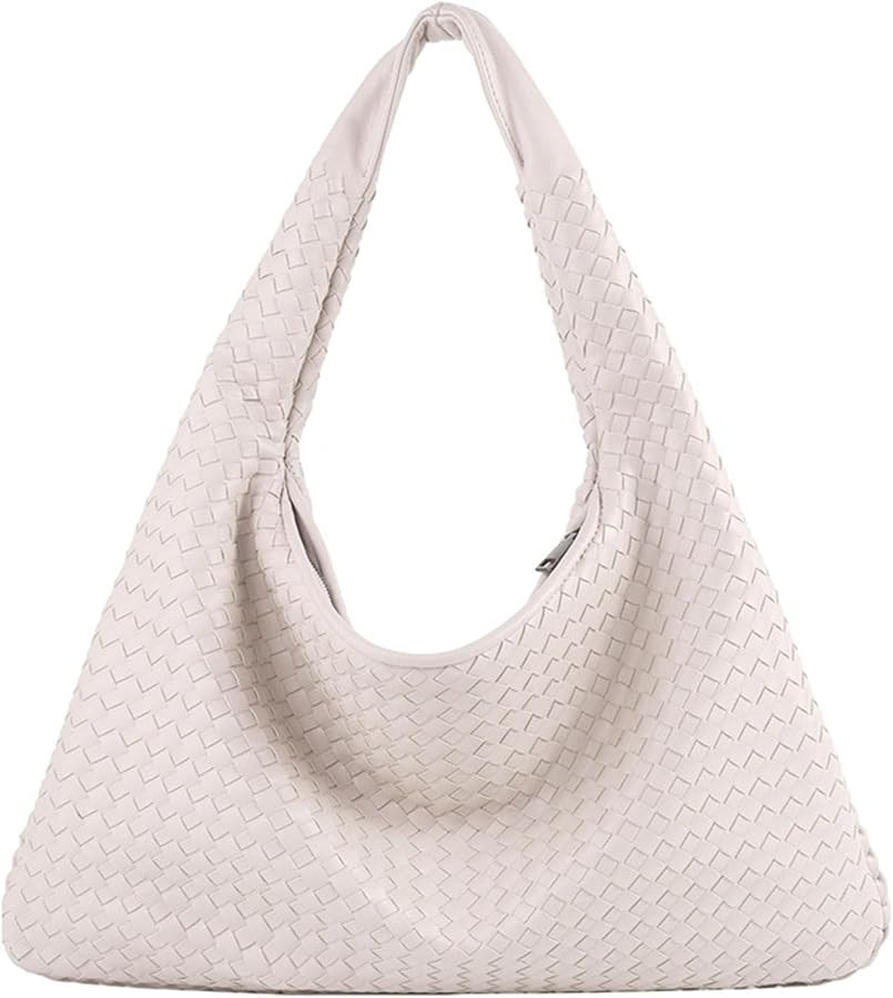 Woven solid color large capacity portable shoulder bag simple casual soft leather shopping bag | Amazon (US)