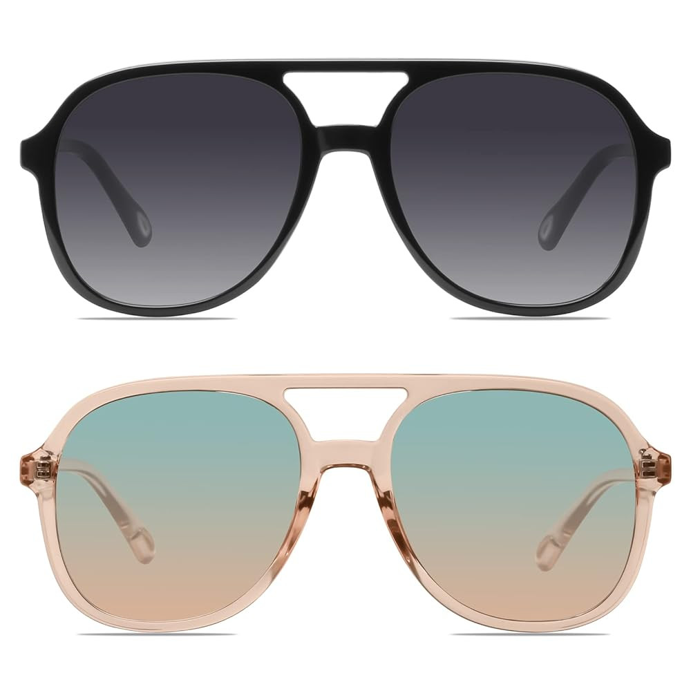 YDAOWKN Retro Square Aviator Sunglasses for Womens Mens Vintage 70s Double Bridge Sun Glasses | Amazon (US)