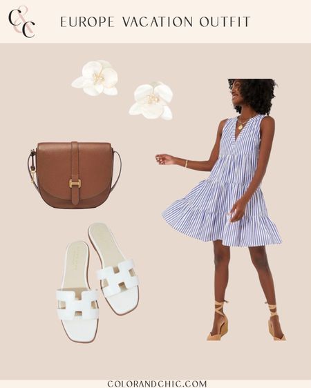 Europe vacation outfit with blue and white striped tiered dress paired with white sandals, brown crossbody and earring for a chic summer look. Perfect for vacations, honeymoons, summer date night and more 

#LTKStyleTip #LTKSeasonal #LTKTravel