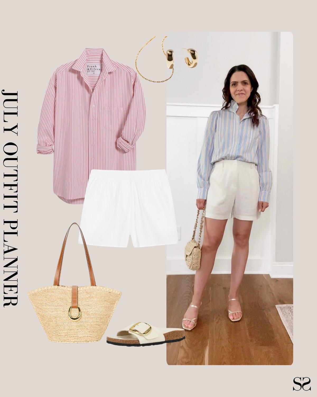 Planner to Person | Monthly outfit planner JULY: What I planned vs. how it’s worn: Summer looks, revisit & rework outfit inspo | white shorts, striped button up, straw tote, slide sandals

#summeroutfit #casualstyle

