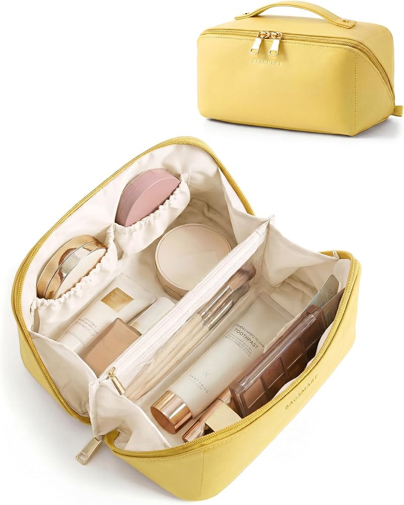 BAGSMART Makeup Bag Travel Cosmetic Bag,Women Toiletry Case, Yellow | Amazon (US)