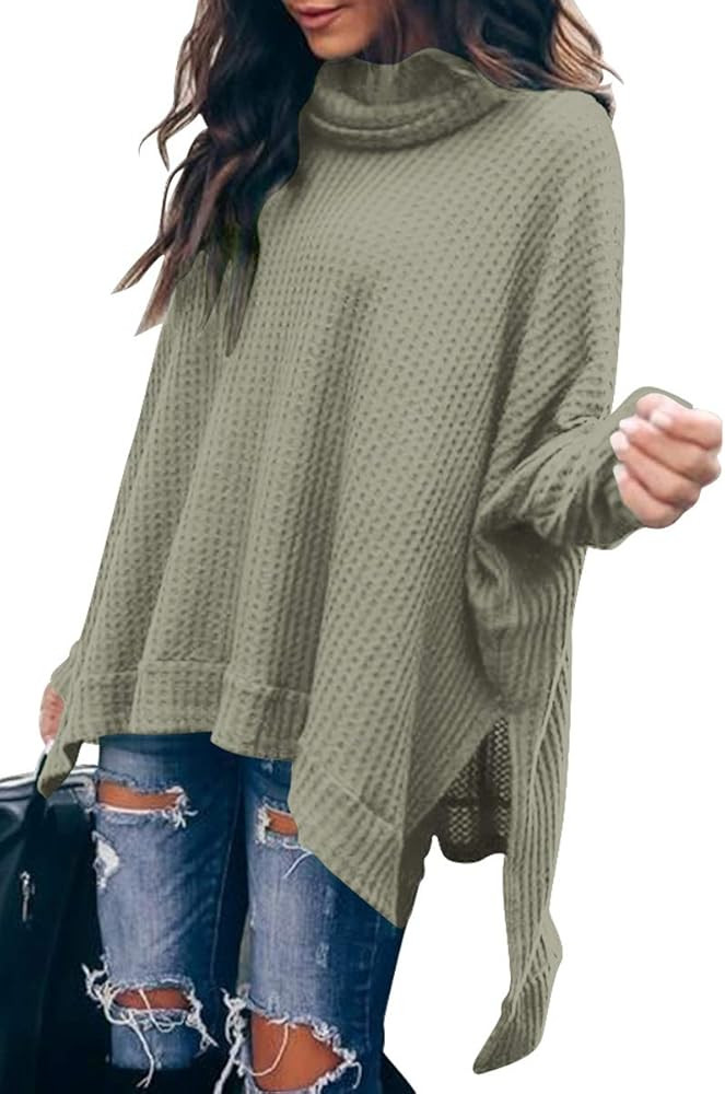 ANRABESS Women's Sweater 2023 Fall Oversized Turtleneck Long Batwing Sleeve Waffle Knit Split Hem... | Amazon (US)
