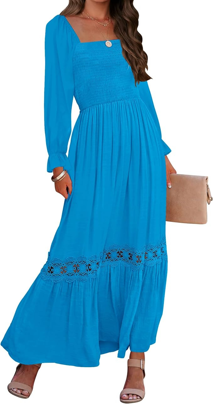 ZESICA Women's 2025 Boho Long Sleeve Square Neck Smocked High Waist Flowy A Line Lace Trim Maxi D... | Amazon (US)