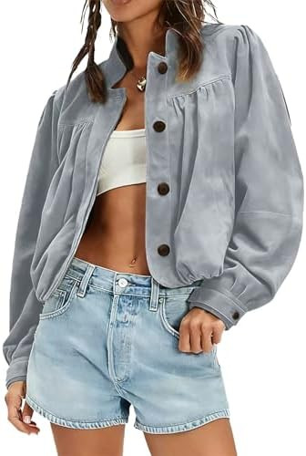 Women's Suede Cropped Pilot Jacket Puffed Sleeve Stand Up Collar Spring Autumn Button Coat Retro ... | Amazon (US)