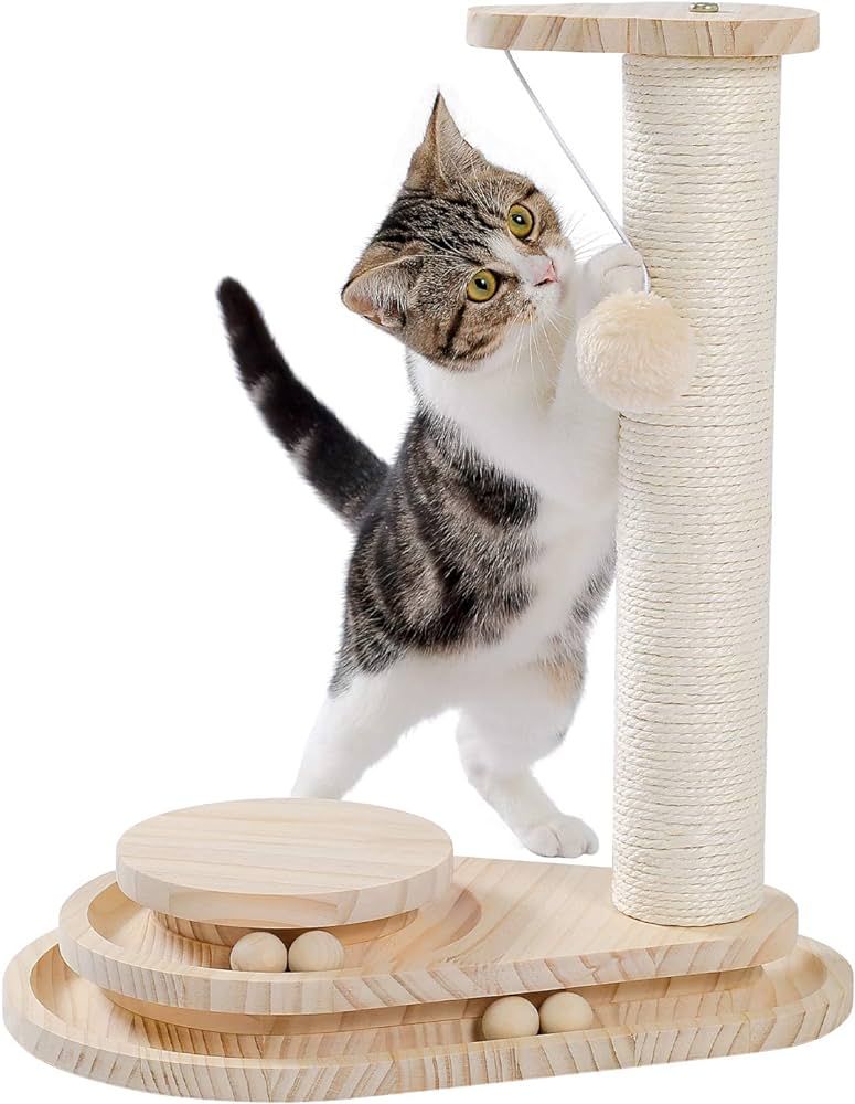 Made4Pets Cat Scratching Post Cat Scratcher Kitten Toys for Indoor Cats Wooden Ball Track Two-Lay... | Amazon (US)