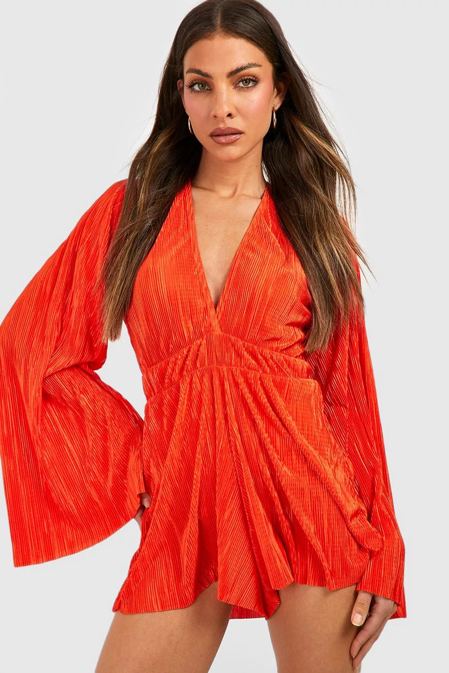 Plisse Flare Sleeve Romper | Boohoo.com (US & CA)