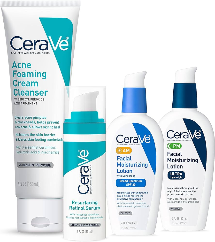 CeraVe Skin Care Set for Acne Treatment with Face Wash with Benzoyl Peroxide, Retinol Serum, AM F... | Amazon (US)