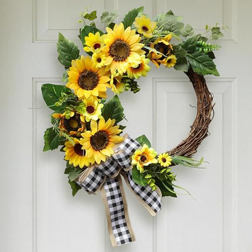 20 Inch Sunflower Spring Summer Wreath for Front Door, Artificial Sunflower Wreath with Green Leaves, Modern Farmhouse Wall Wedding Home Indoor Outdoor Decor | Amazon (US)