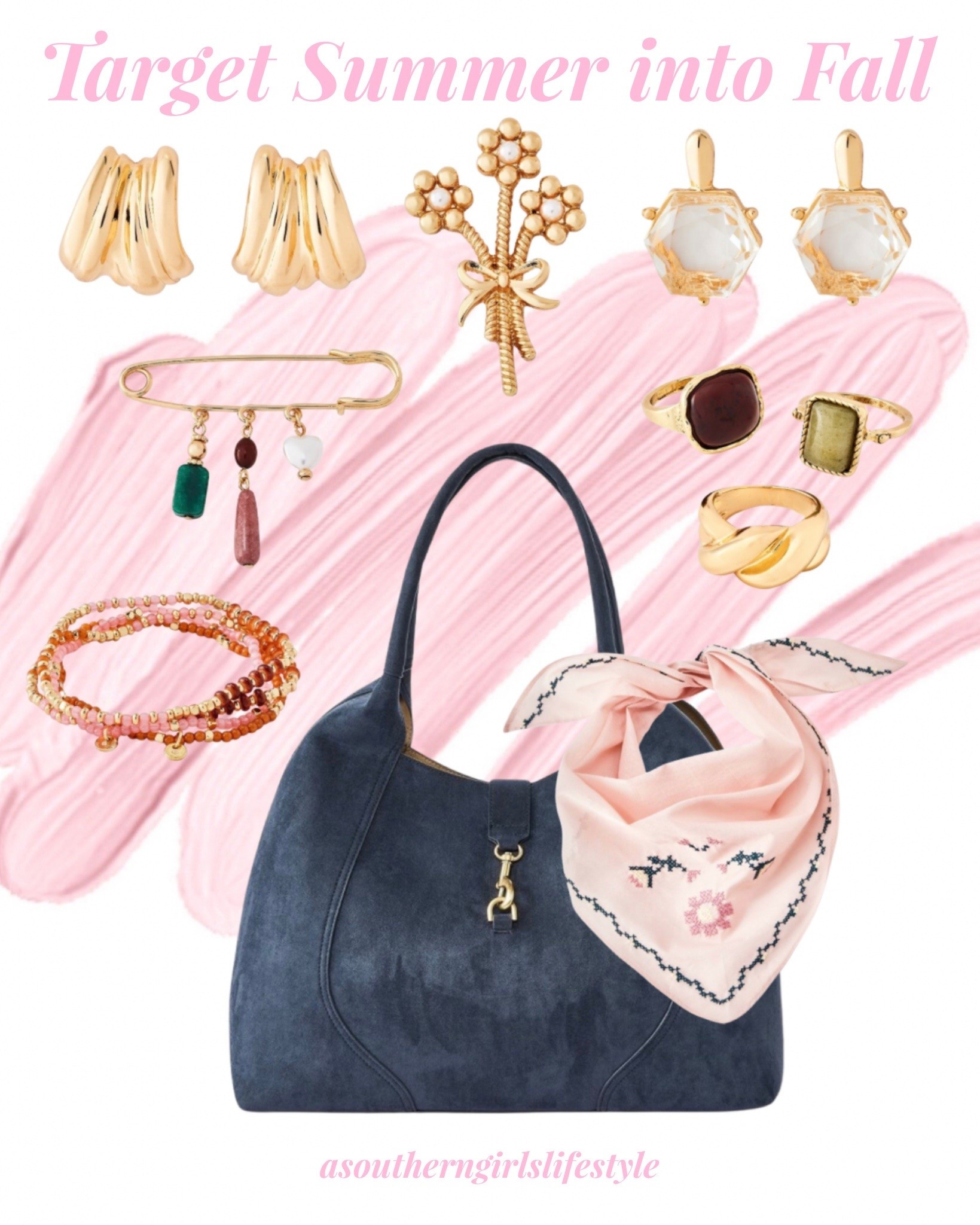 Target Summer in Fall Accessories

Robbed Open Hoop Earrings, Flower Pin, Hexagon Earrings, Stone Bead Safety Pin Brooch (would be cute on bag handle or scarf), Trio of Rings, Pink Beaded Bracelets, Pink Cross Stitch Floral Scarf & Blue Faux Suede Shoulder Bag

Fall Style. Fall Outfits Women.

#LTKSeasonal #LTKSaleAlert #LTKgrwm