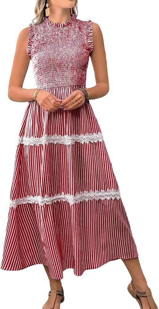 ShawGobow Casual Striped Midi Dress,Sleeveless Smocked Flowy Tiered Dress,Womens Sundress Easter ... | Amazon (US)