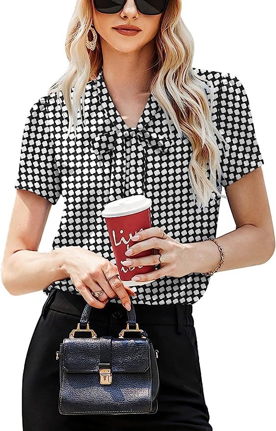 ACEVOG Womens Blouse Short Sleeve Chiffon Shirts Bow Tie Neck Business Tops Breathable Summer Shi... | Amazon (US)