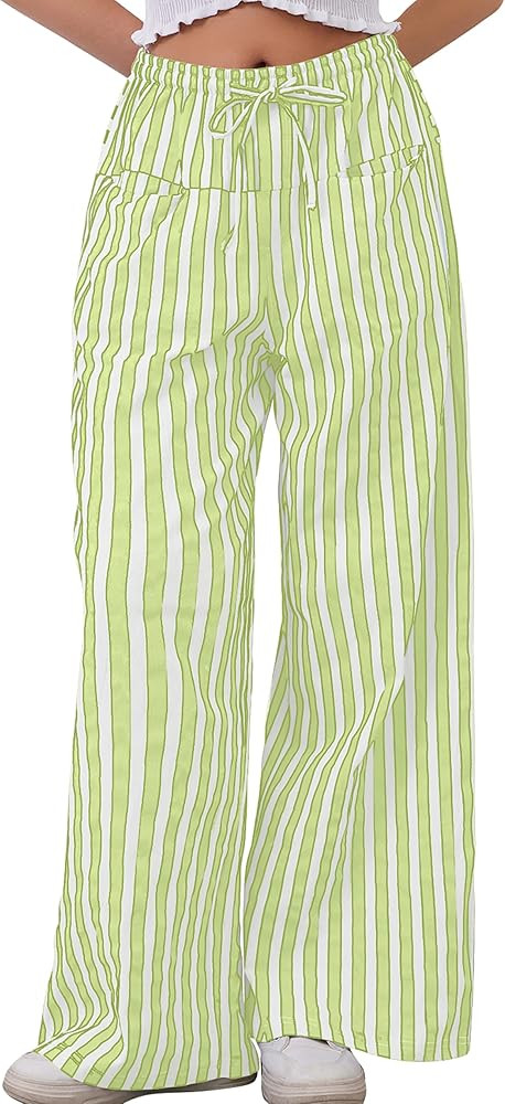 MISSACTIVER Women Drawstring Striped Pants Loose Wide Leg Trousers Casual Low Waist Pants Comfy L... | Amazon (US)