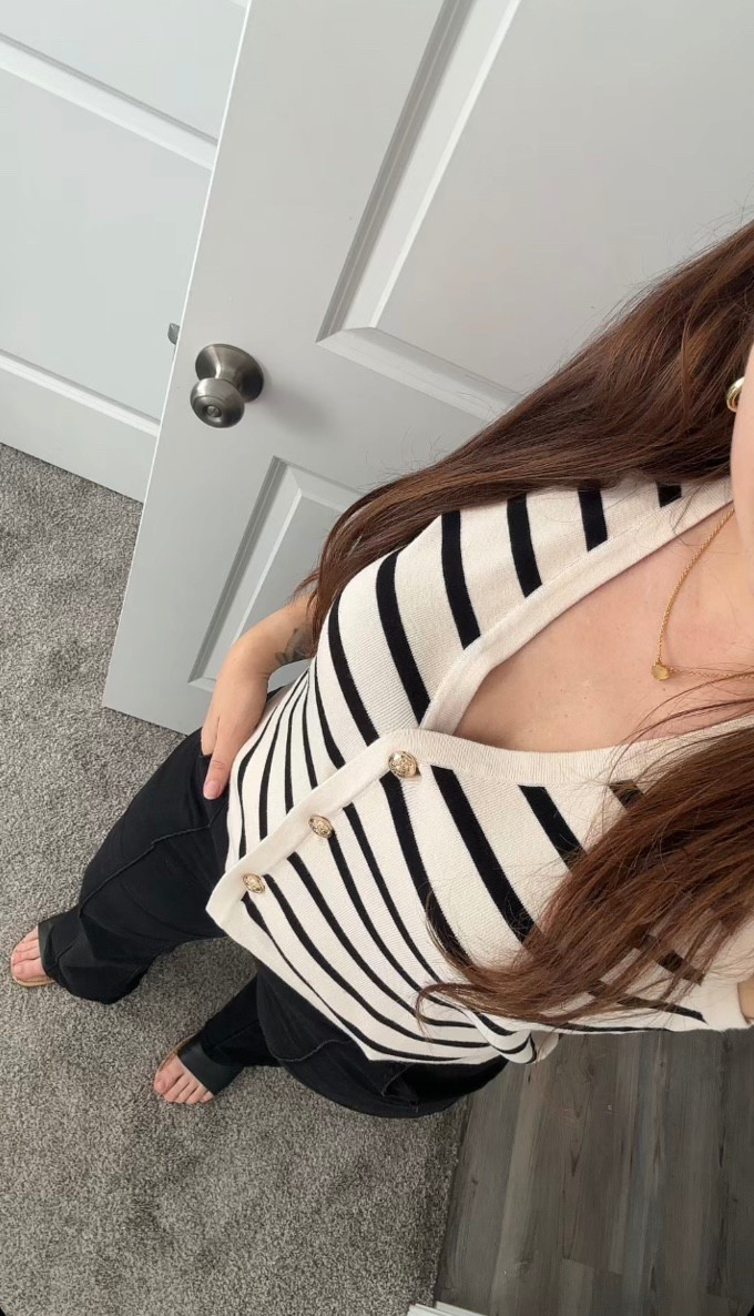 Transitional outfit idea for fall or spring! 🖤 Wide leg jeans and striped vest. 🤞🏼

Pants: Size 8, stretchy! Could have sized down. 
Vest: Size medium 

#LTKMidsize #LTKWorkwear #LTKStyleTip