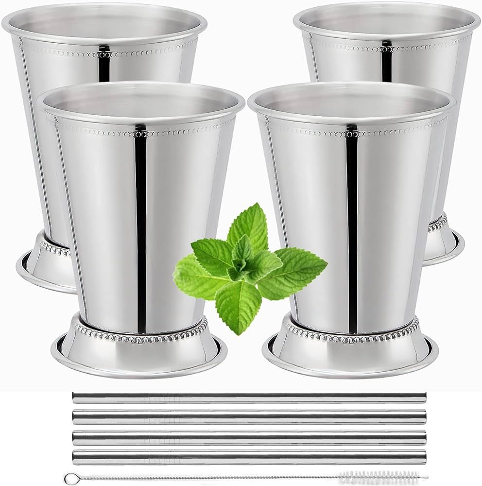 Mint Julep Cups Set of 4 with Straws - Stainless Steel Mint Julep Cup - Mint Julep Glasses - 12oz... | Amazon (US)