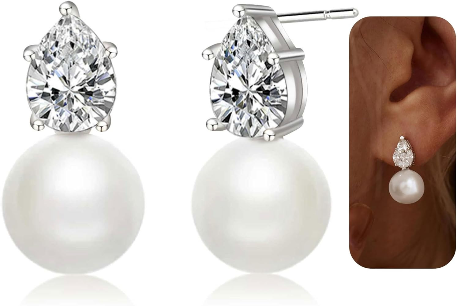 Pearl Earrings for Women, 14k Gold Plated CZ Formal Pearl Stud Earring Hypoallergenic Gold Earrin... | Amazon (US)