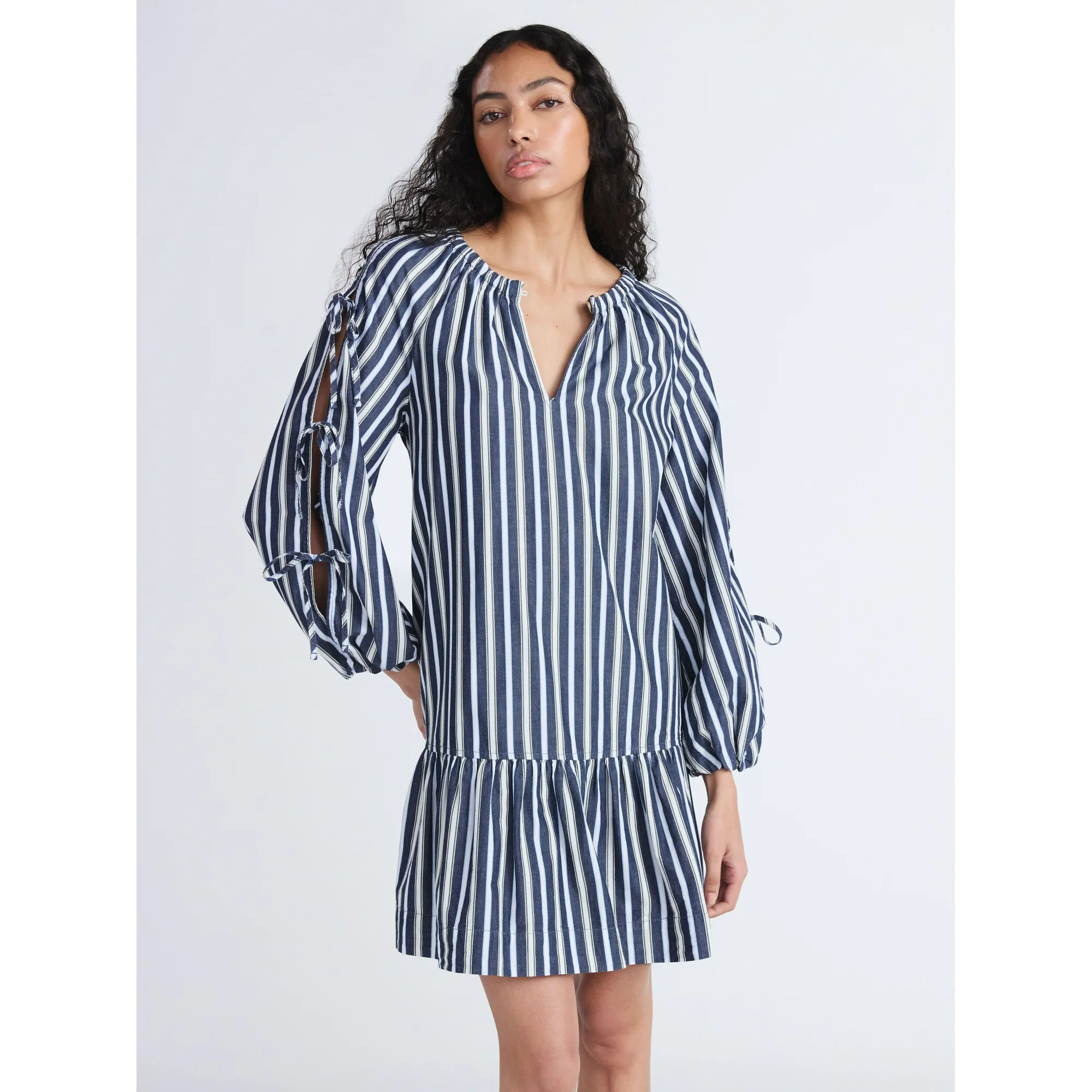 Free Assembly Women's Ruffle Hem Cotton Mini Dress with Long Tie Sleeves, Sizes XS-XXL - Walmart.... | Walmart (US)