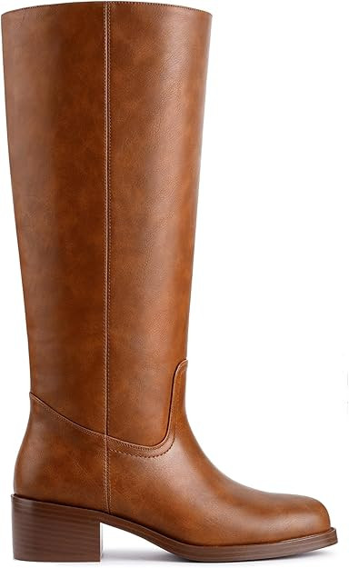 Women's Banana Knee High Boots Square Toe Chunky Block Heel Comfortable Low Heel Pull on Wide Cal... | Amazon (US)