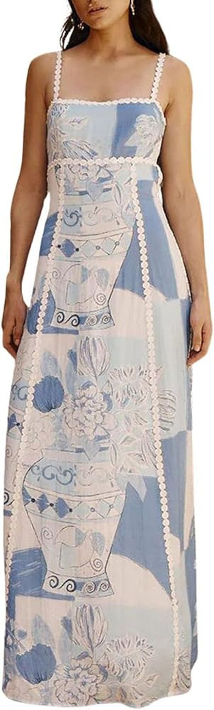 ebossy Women's Boho Spaghetti Strap Maxi Dress Casual A-Line Backless Bow Tied Floral Long Dress | Amazon (US)