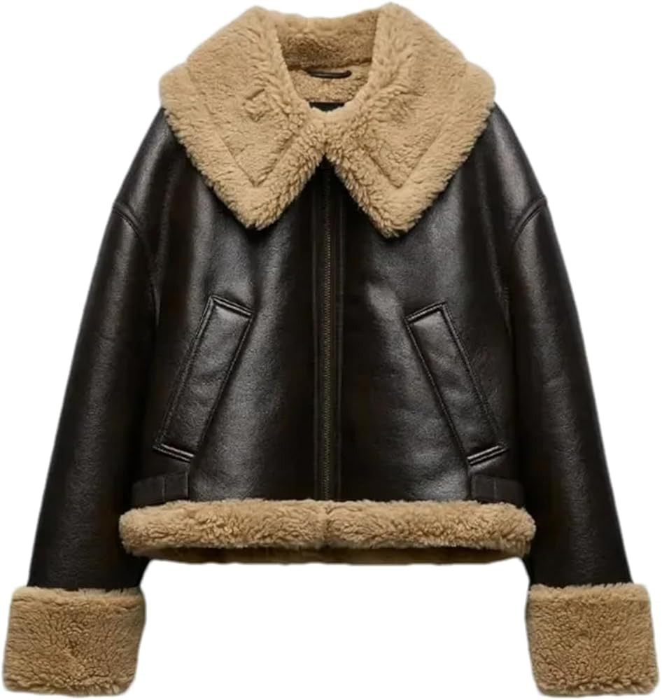 Women's Faux Leather Double-Faced Biker Jacket Faux Fur Warm Lambswool Thicken Jacket Lapel Femal... | Amazon (UK)