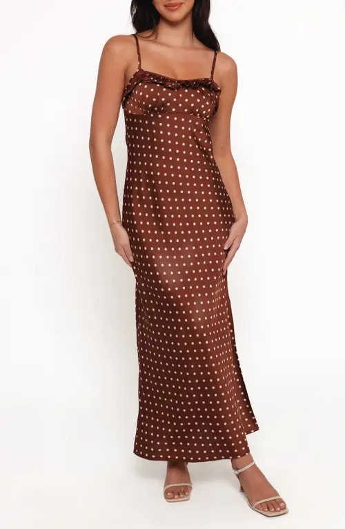 Petal & Pup Dara Polka Dot Satin Maxi Dress in Brown Polka Dot at Nordstrom, Size X-Large | Nordstrom