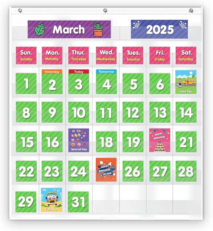 Classroom Monthly Calendar Pocket Chart with 71 Cards for Kids Learning for Home,White | Amazon (US)