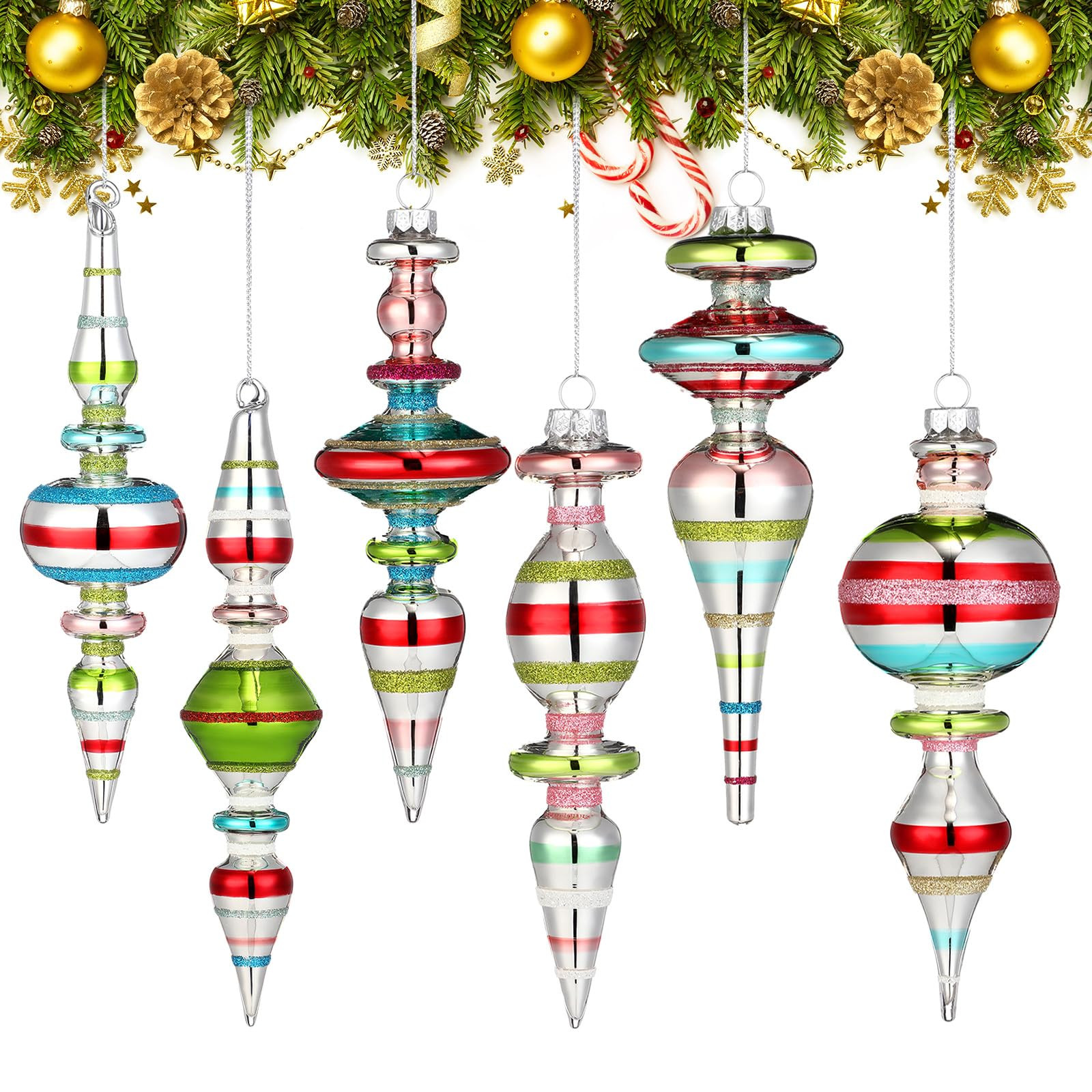 Soulchen 6 Pcs 6.3 Inch Glass Finial Christmas Ornaments Silver Drop Hanging Christmas Tree Hangi... | Amazon (US)