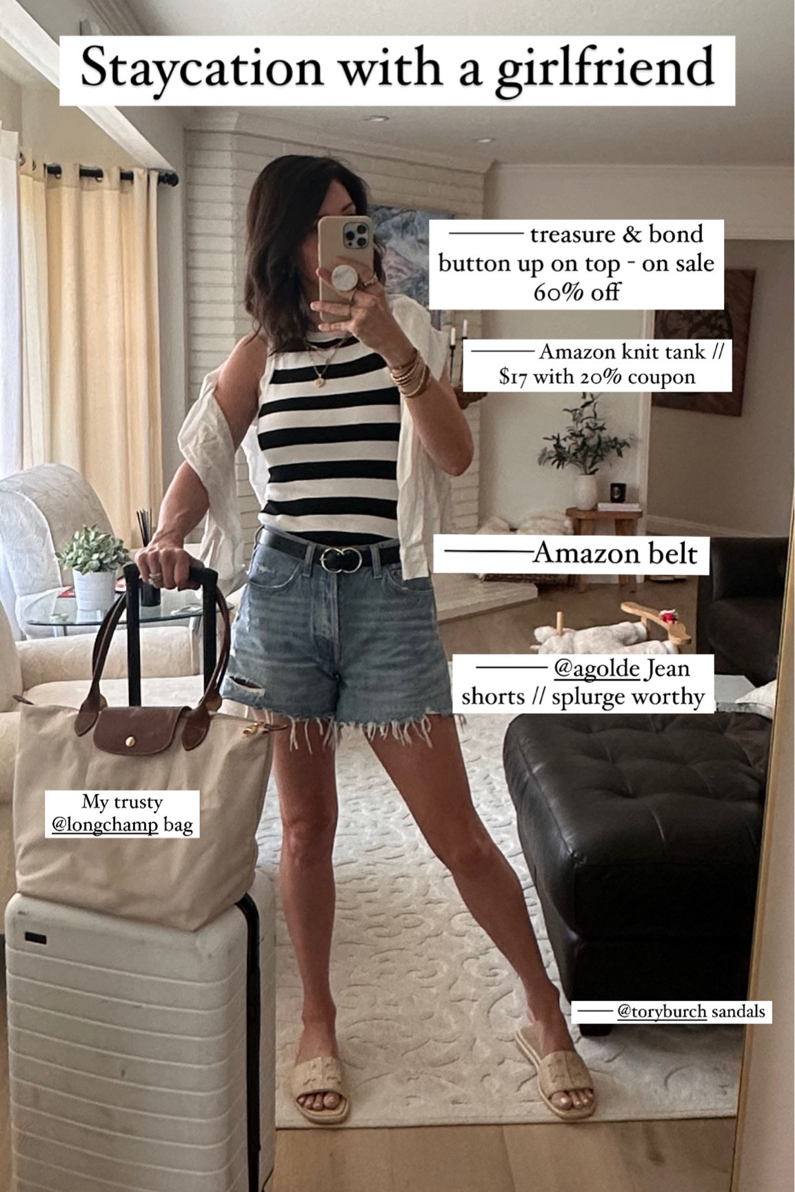 Staycation with a girlfriend casual summer outfit to beat the heat. 

The Amazon knit sleeveless tank has a clickable coupon currently. The white button down I threw over my shoulders is a size large because I always wear it loose. It’s also on sale at Nordstrom. 

My bag, shorts and shoes are all splurge worthy in my opinions. I wear them on repeat. 

#summercasualoutfit #jeanshorts #shortsandatank #sweatertank #knittanktop 

#LTKItBag #LTKxNSale #LTKFindsUnder50