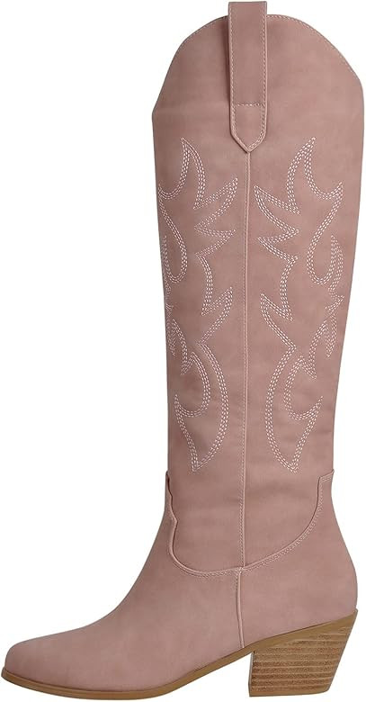 Richealnana Cowboy Boots for Women Embroidered Square Toe Distressed Pull-On Cowgirl Knee High Weste | Amazon (US)
