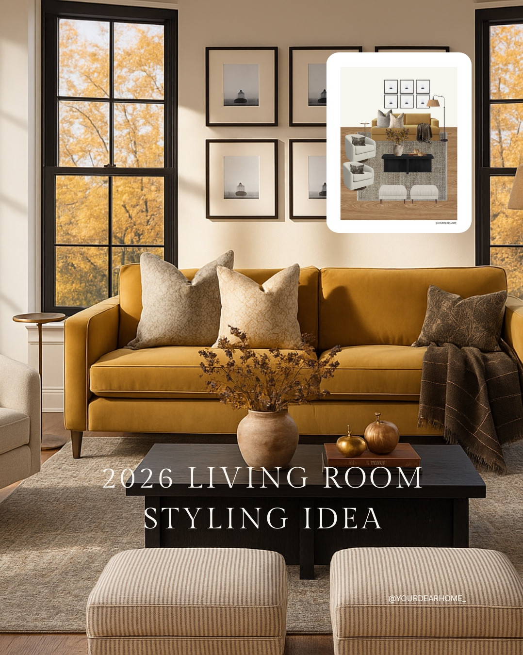 Warm, cozy, and a little bit bold, this 2026 living room styling idea is everything I’m loving right now 🤎

Mustard tones are having such a moment next year, with muted maximalism at the front and center of interior design trends for 2026! 

#LTKHome