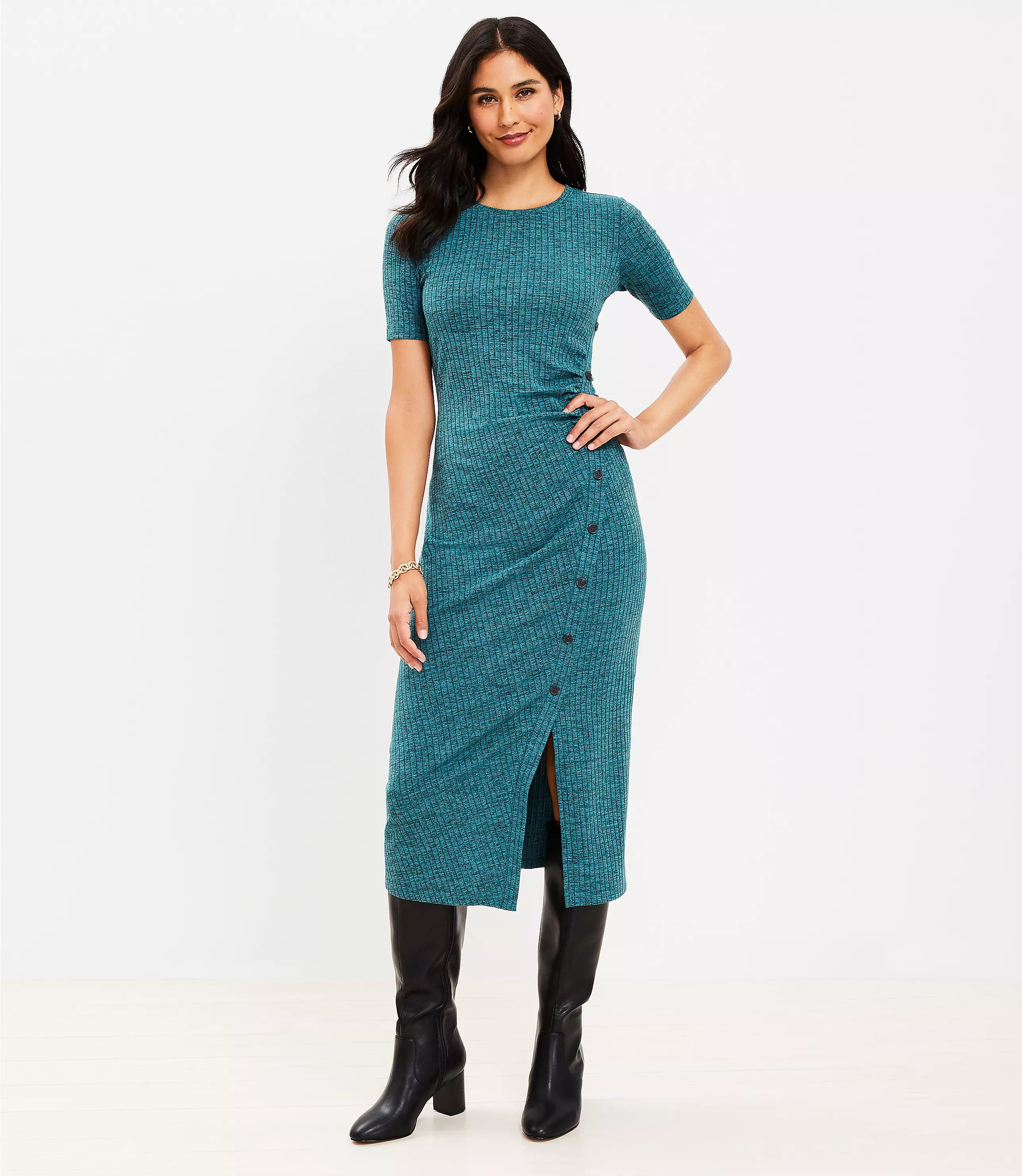 Spacedye Ribbed Side Button Midi Dress | LOFT