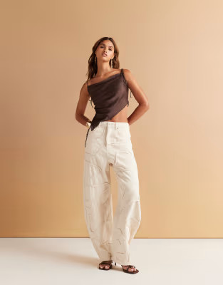 ASOS DESIGN high waisted barrel leg jeans in ecru with tonal swirl detailing | ASOS (Global)