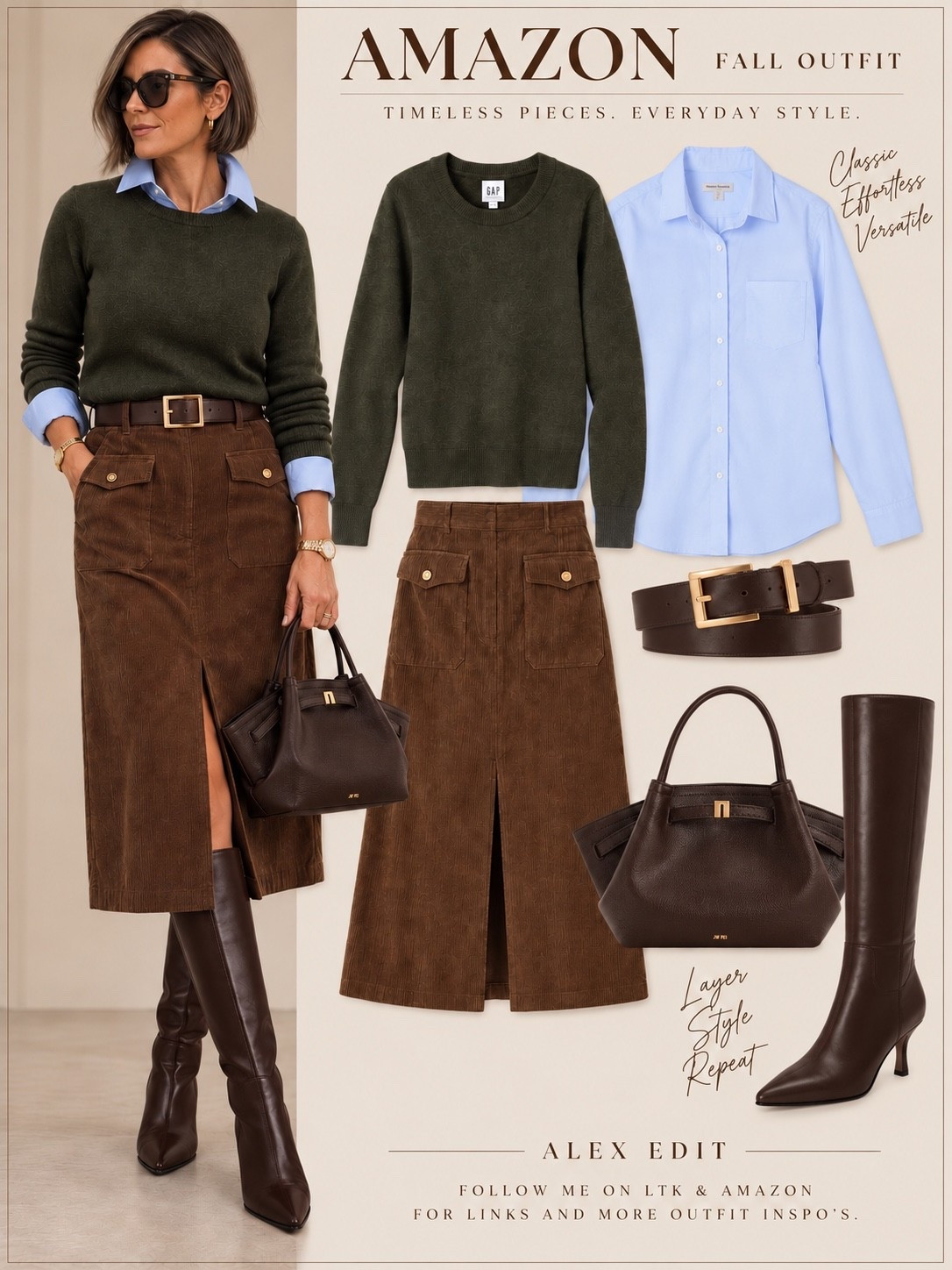 Give me corduroy, tall boots and a good layered sweater and I’m sold. But it’s the color combination here that really makes the outfit—the chocolate brown and deep olive feel rich and very fall, while that unexpected peek of blue keeps it fresh.

I love how the textures do most of the work without needing a lot of extras. The corduroy skirt, classic crewneck, crisp button-down and structured accessories give it that subtle equestrian, Ralph Lauren-inspired feel I’m always drawn to. Polished, but still completely wearable for an ordinary day. #AmazonFashion #AmazonFinds #AmazonStyle #FallOutfit #FallStyle #FallFashion #HeritageStyle #EquestrianStyle #RalphLaurenInspired #ClassicStyle #TimelessStyle #ElevatedCasual #Over40Style #Over50Style #MidsizeStyle #CorduroySkirt #FallLayers #ChocolateBrown #OliveGreen #AlexEdit

#LTKOver40 #LTKMidsize #LTKootd