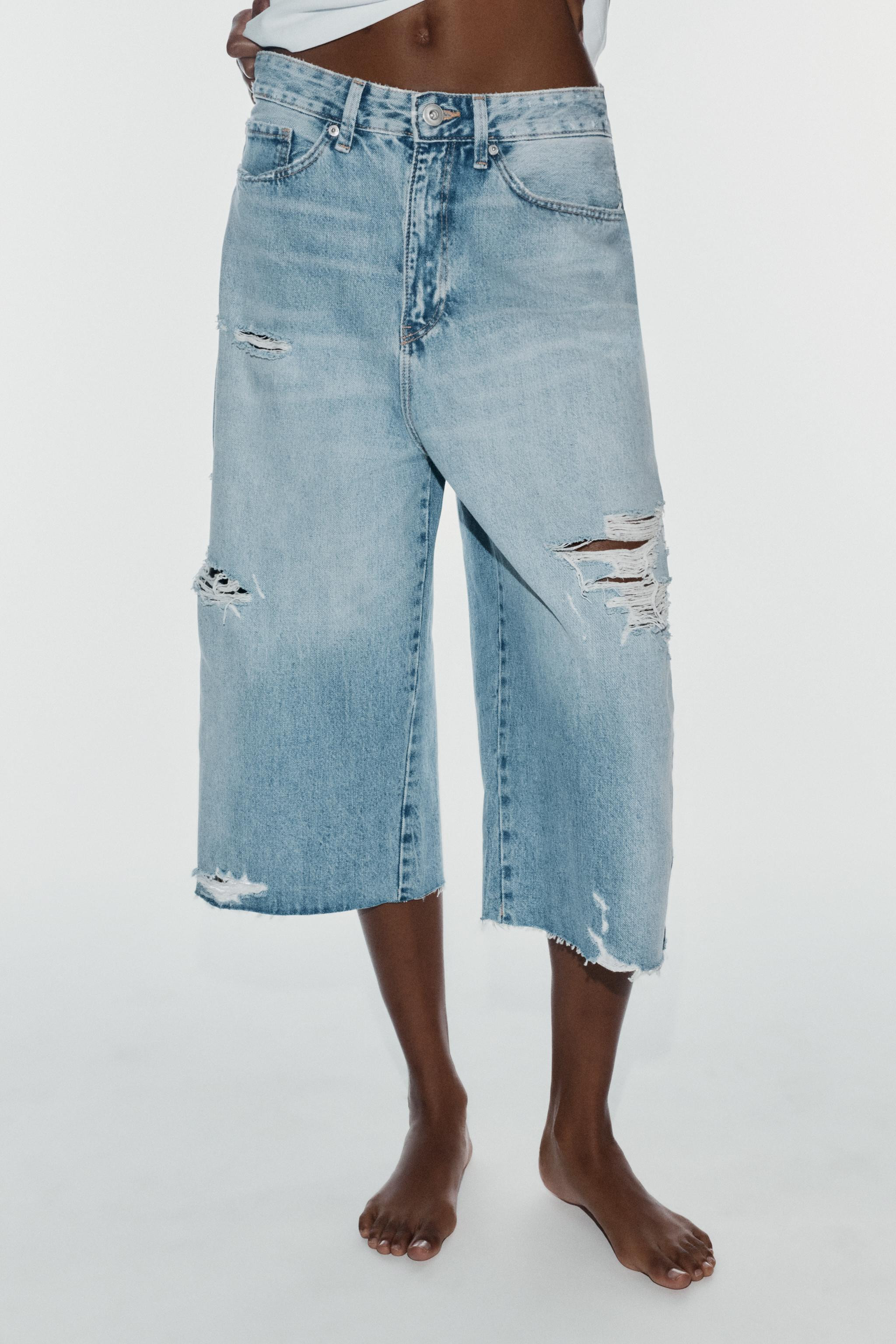 MID-RISE RIPPED BAGGY DENIM JORTS | Zara US