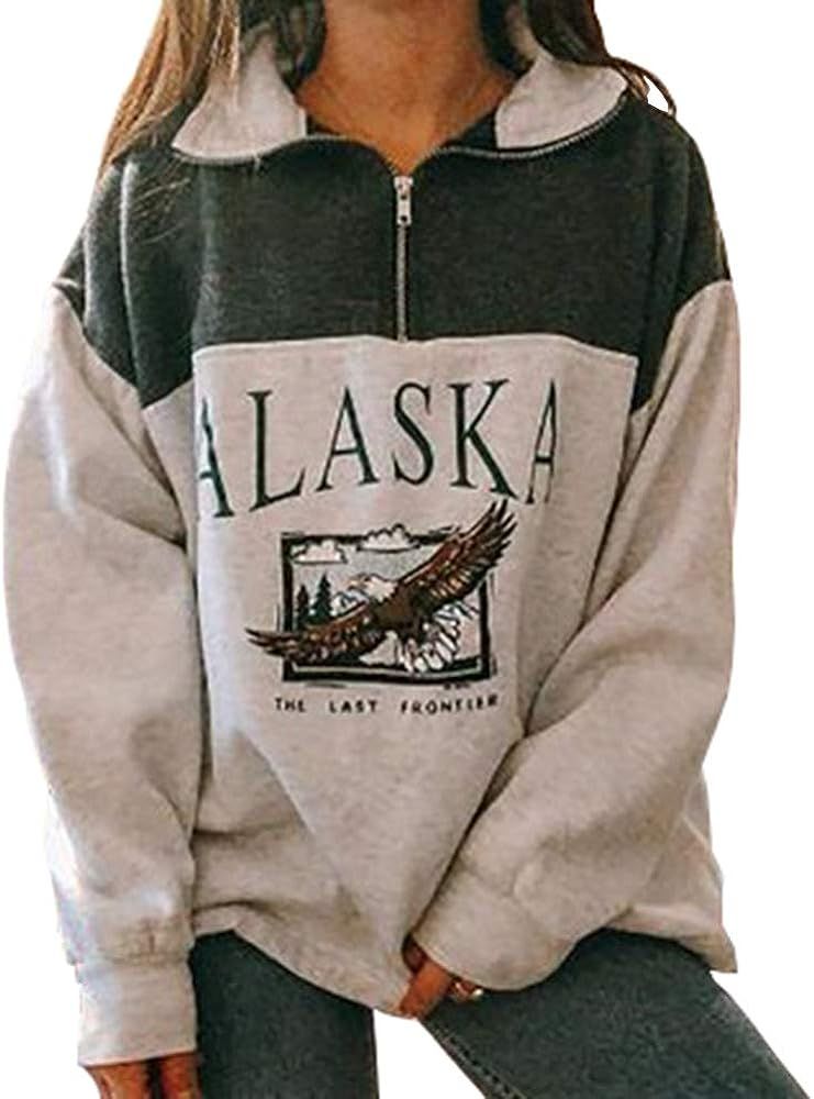 Women Novelty ALASKA Letter Print Stand Collar Hoodie Vintage Long Sleeve Sweatshirt Pullover | Amazon (US)