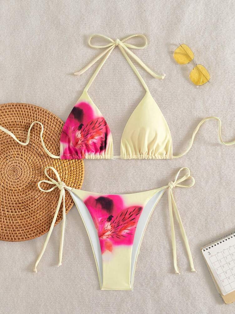 Women Floral Print Tie Front Triangle Top And Side Tie Triangle Bottom Bikini Set, Summer







... | SHEIN