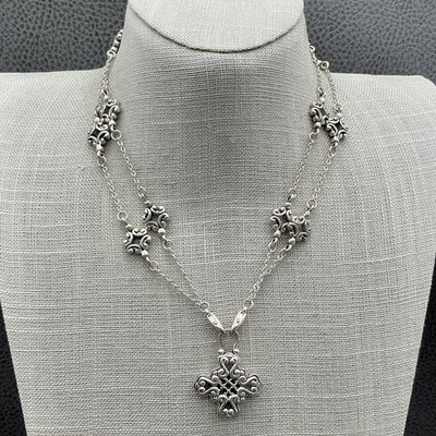 Silver Tone Cross Pendant Station Necklace Scrollwork Double Chain Boho 18 Inch | eBay US