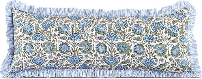 Block Print Asparagus Green 36"x14" Set 1-100% Cotton Ruffle Lumbar Sham Cover Boho Floral Pillow... | Amazon (US)