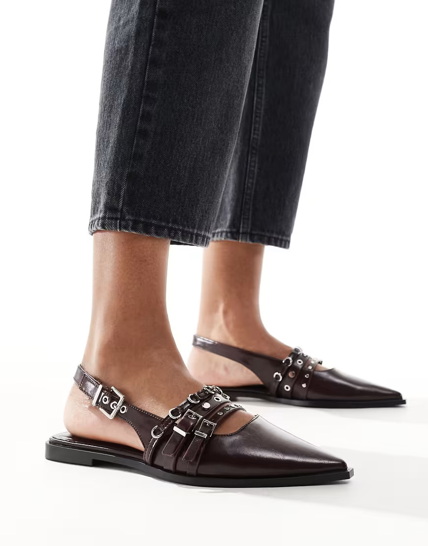 Stradivarius buckle detail flat slingback shoes in burgundy-Red | ASOS (Global)