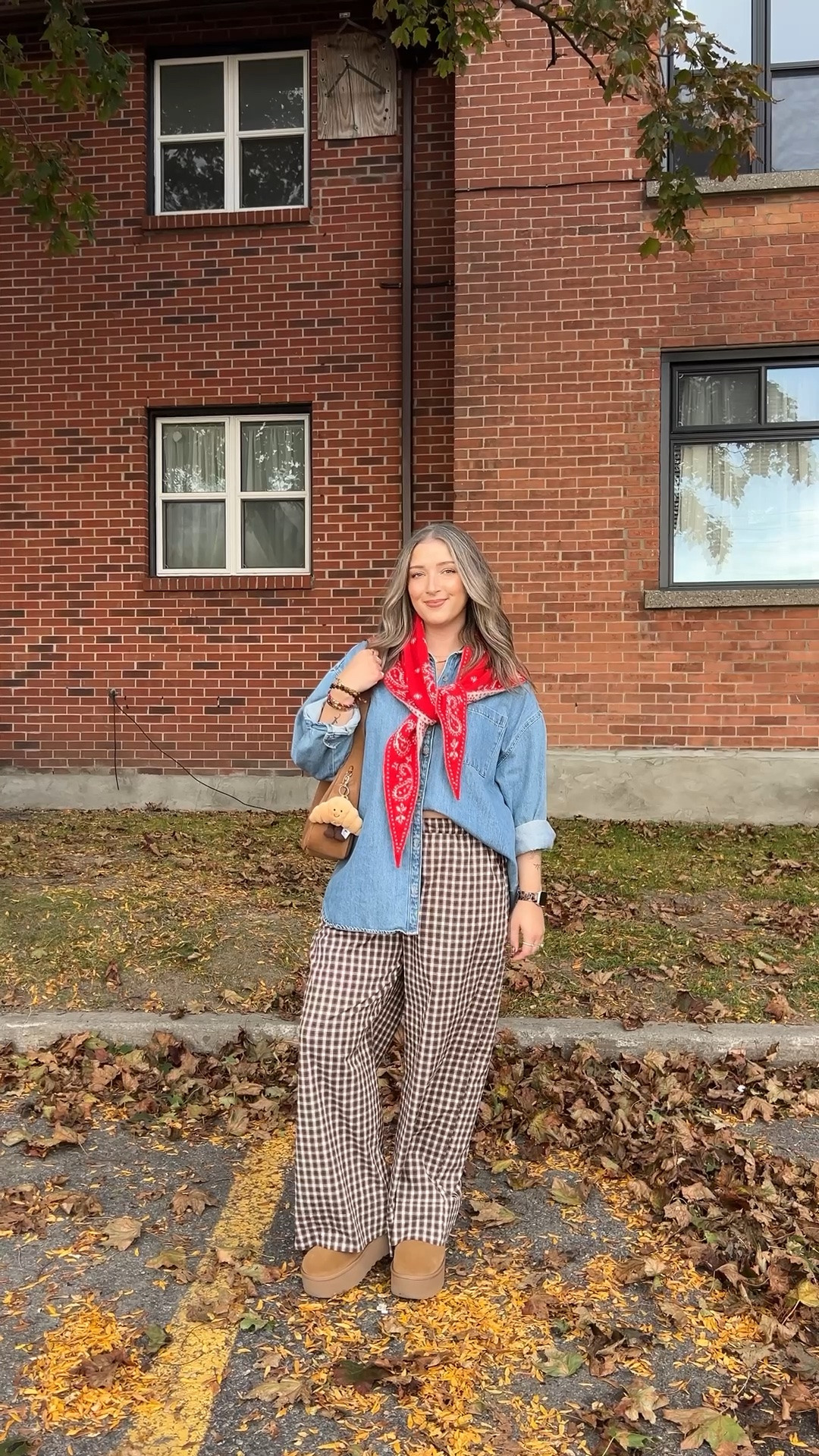 Casual fall outfit! Wearing size L in the denim shirt (Canadian link under “similar products”). Plaid pants are super comfy, I’m wearing M. I’m a 9.5-10 shoe and wear a 10 in the Uggs. My red bandana scarf is low stock, so I linked a bunch of similar options