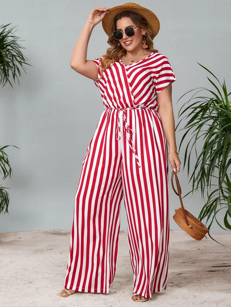 Plus Stripe Wide Leg Belted Jumpsuit | SHEIN