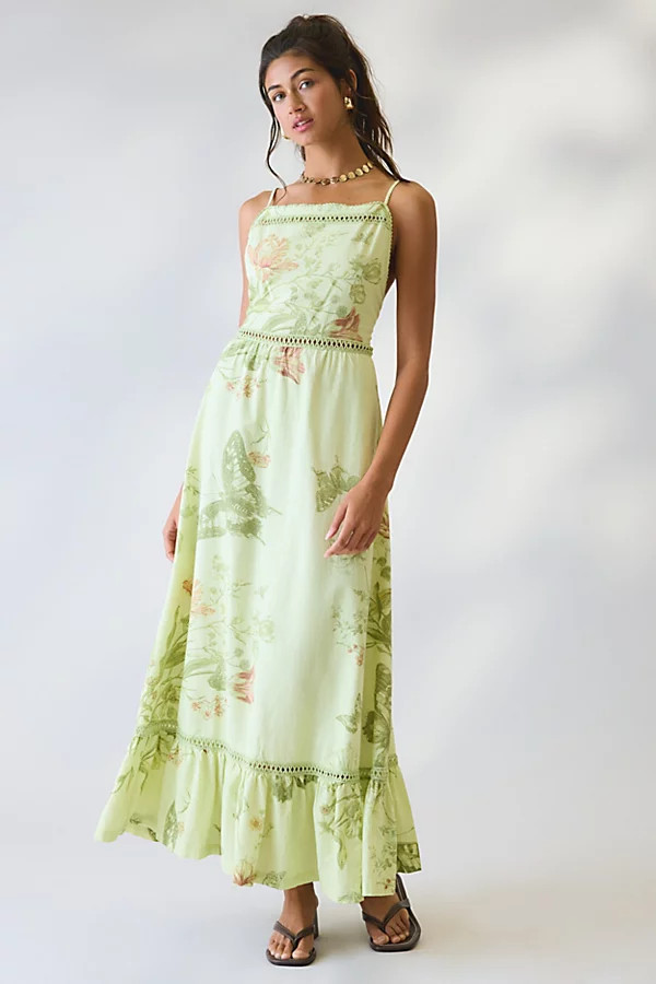 Kimchi Blue In The Garden Lace Trim Cotton Maxi Dress in Green, Women's at Urban Outfitters | Urban Outfitters (US and RoW)