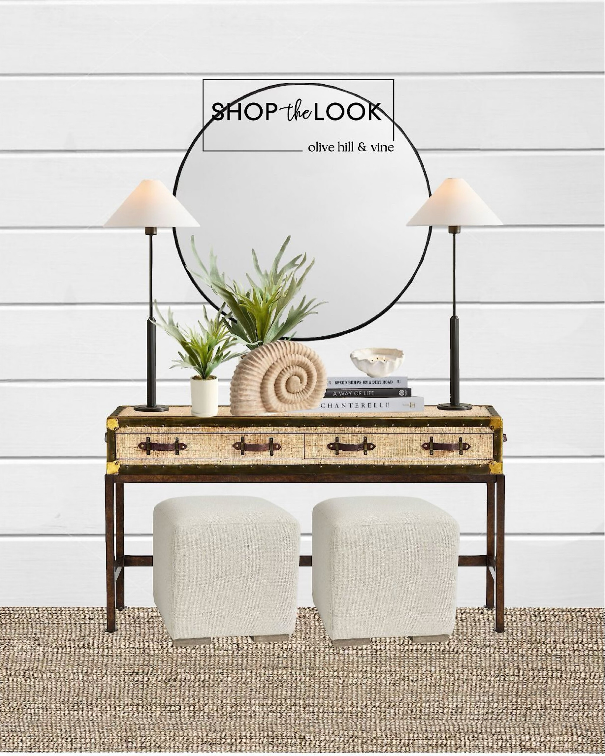 Create a sanctuary with our inviting entryway design. A console inspired by antique trunks sets the tone, rich raffia, metal, and leather blend. Above, a round mirror reflects warmth and style. Adorned with a clam candle, carved wood shell, and lush fern, it welcomes you home with elegance and comfort. 

#LTKHome #LTKStyleTip #LTKFamily