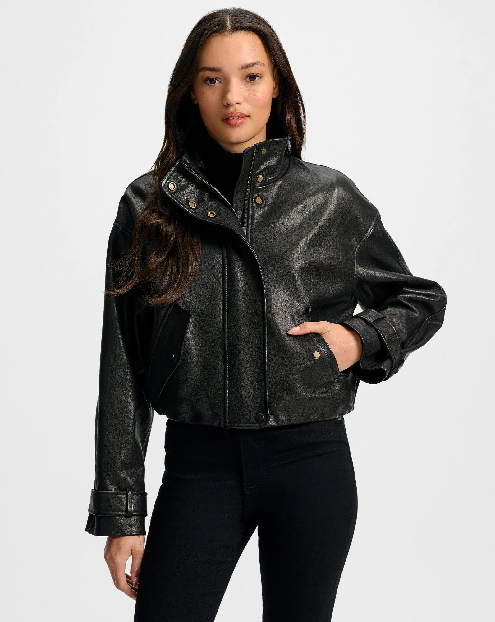 Bateman Cropped Leather Jacket in Black | Veronica Beard | Veronica Beard