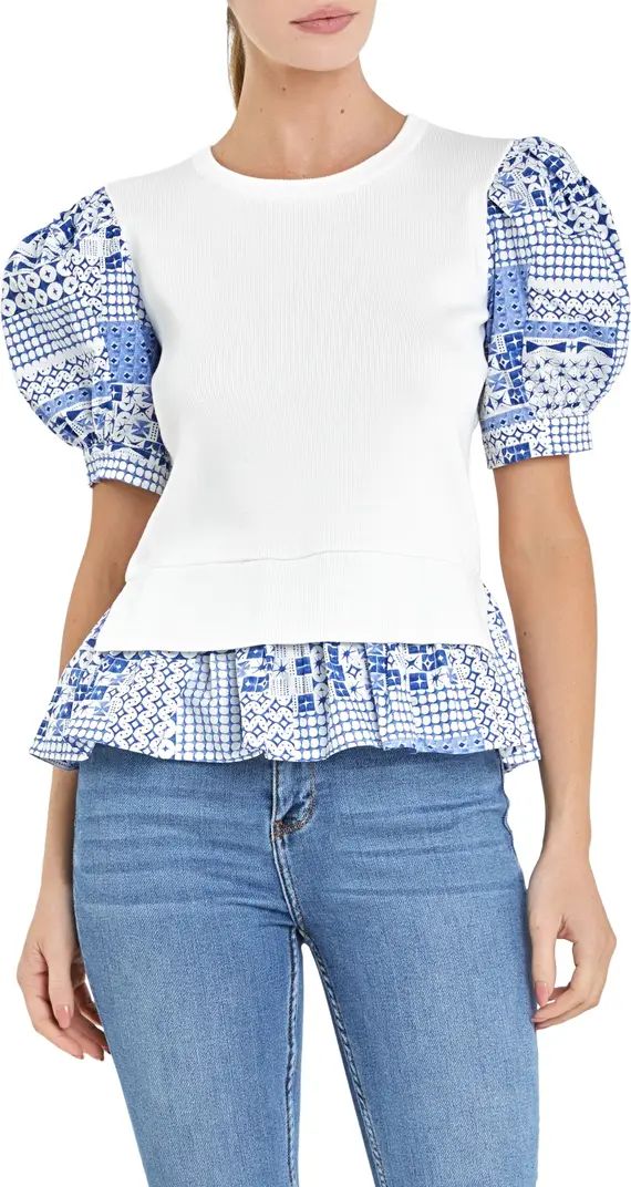English Factory Puff Sleeve Mixed Media Peplum Top | Nordstrom | Nordstrom