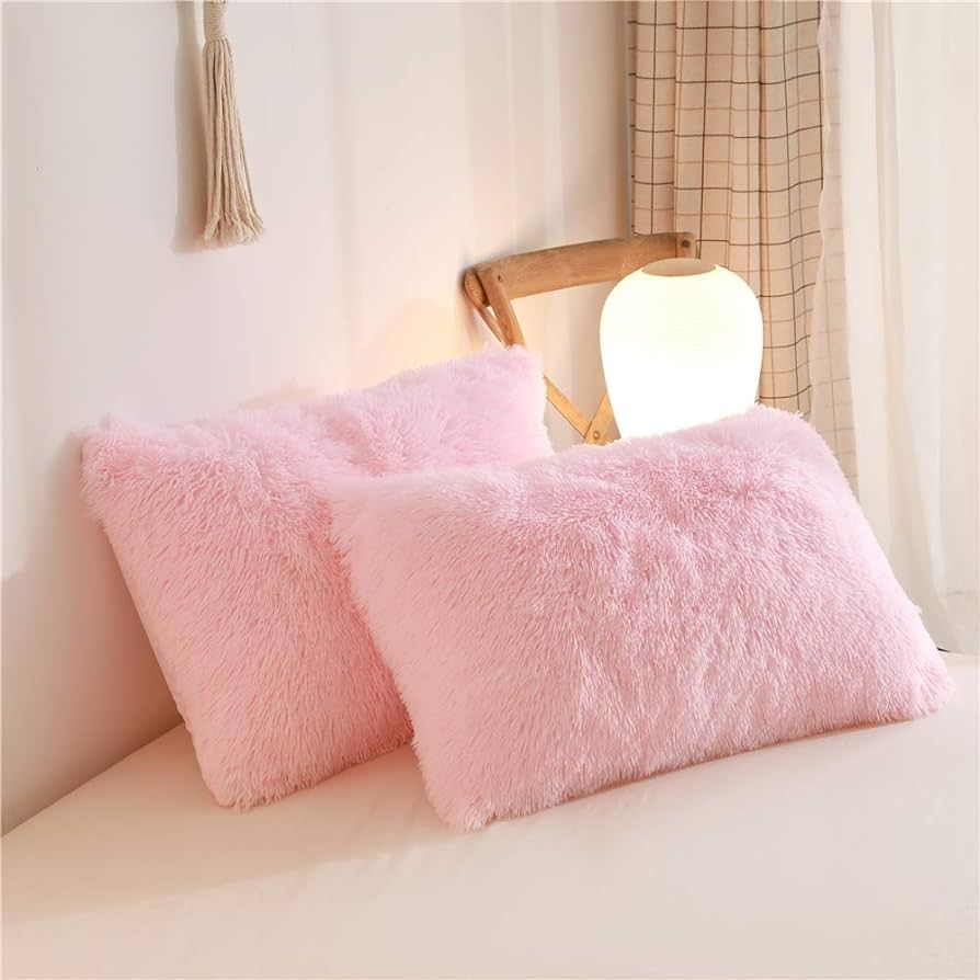 Faux Fur Pink Fluffy Pillow case, Soft Pink Decorative Fuzzy Pillow case, Cute Fluffy Pillow Cove... | Amazon (US)