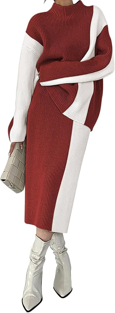 Pink Queen Women's 2 Piece Outfits 2025 Fall Winter Sweater Skirt Set Long Sleeve Oversized Top H... | Amazon (US)